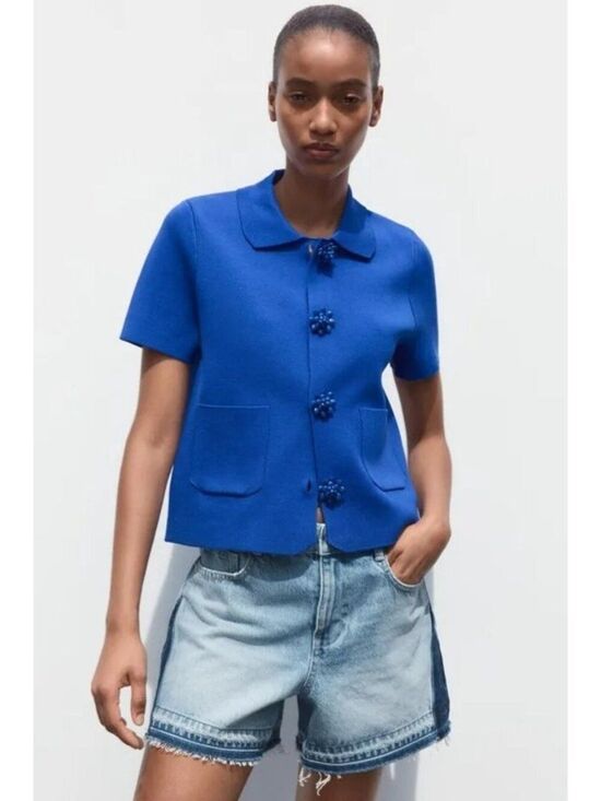 Zara Sweaters - Zara Womens Knit Cardigan Sweater Top XL Blue Flower Beaded Buttons 4192/022 NWT